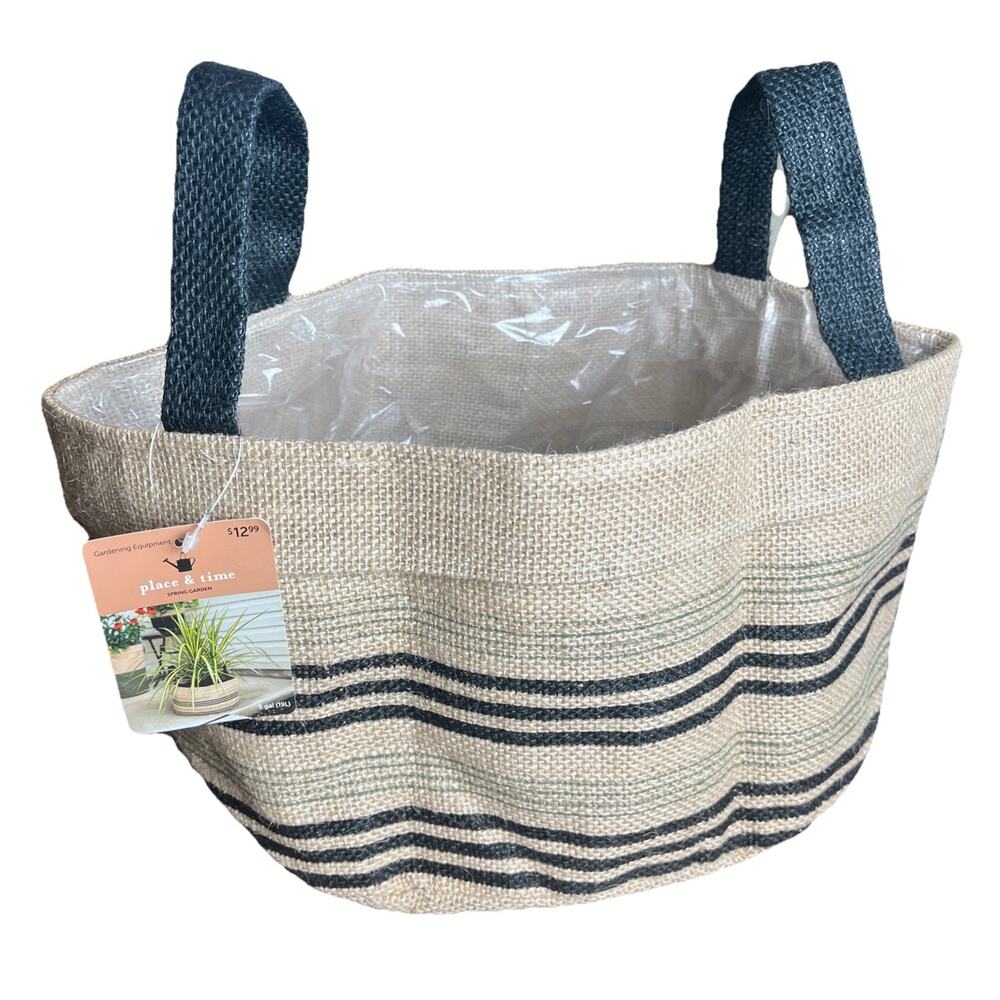Joann Place and Time 5 Gallon Lined Planter Basket Woven Tan & Black W/ Handles